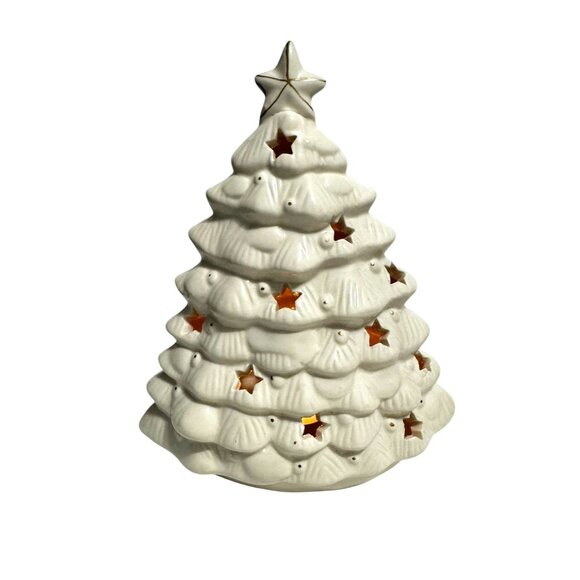 Ceramic Christmas Tree Tea Light Candle Holder With Star Cutouts - Picture 8 of 11